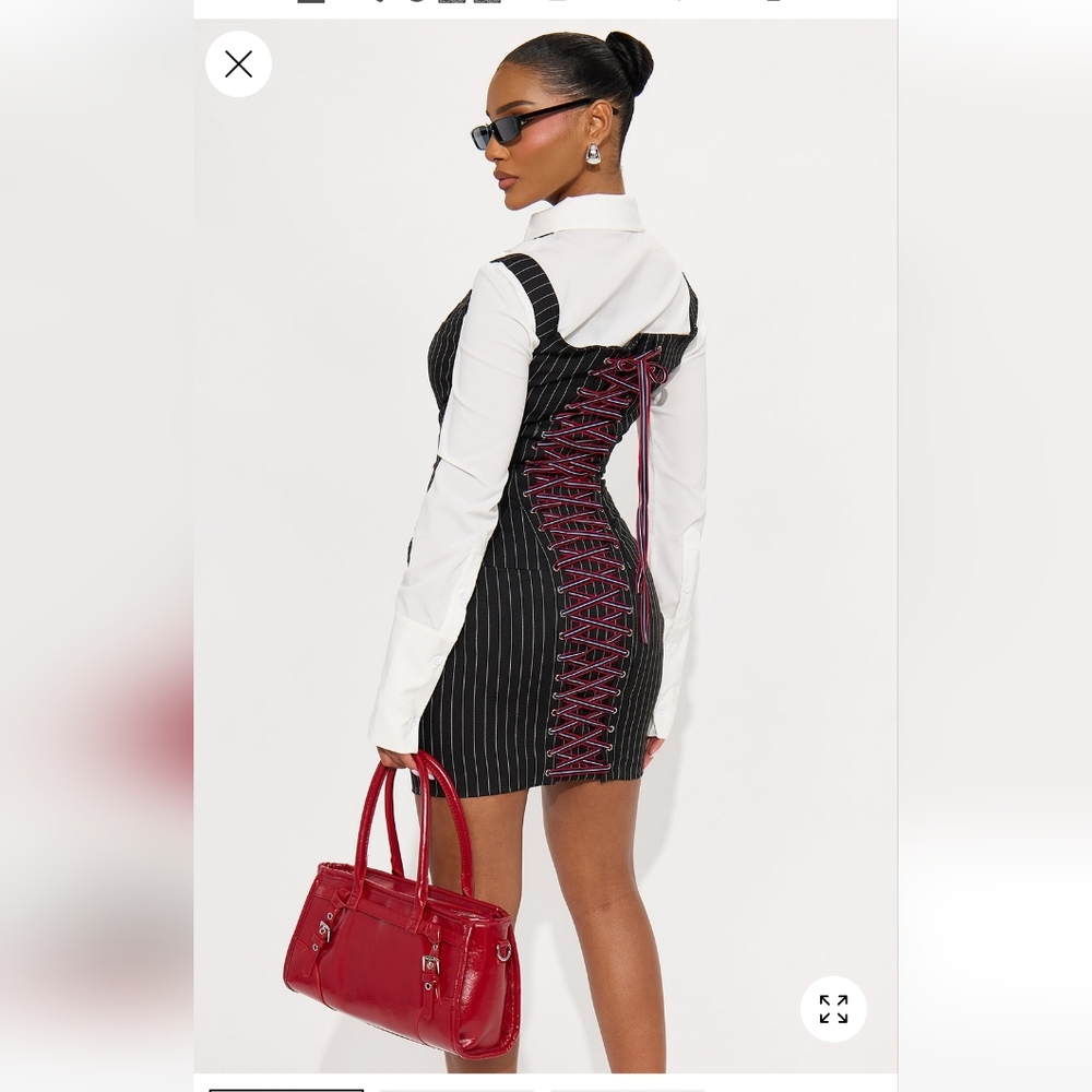 Black Pinstripe Bodycon Dress with Lace-Up Back